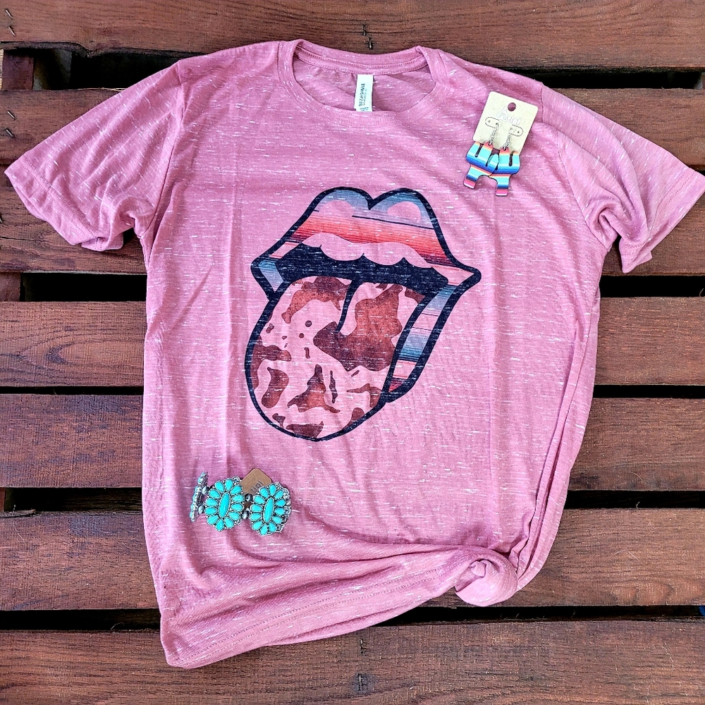 Cow Serape Tongue Short Sleeve Tee NWOT